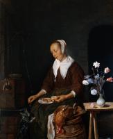 Metsu, Gabriel - Woman Eating and Feeding her Cat